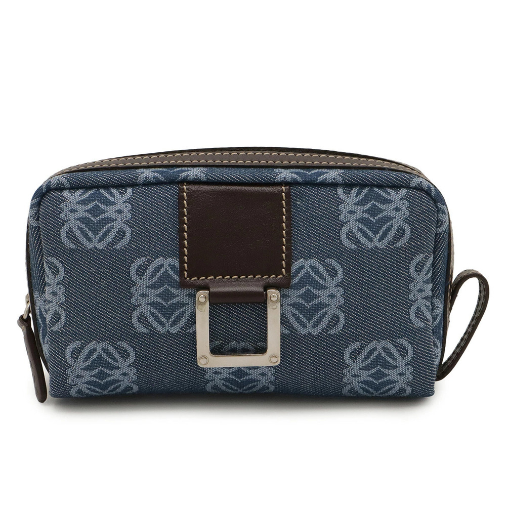 Loewe Anagram Multi Pouch Clutch Makeup Denim Leather Blue Dark Brown